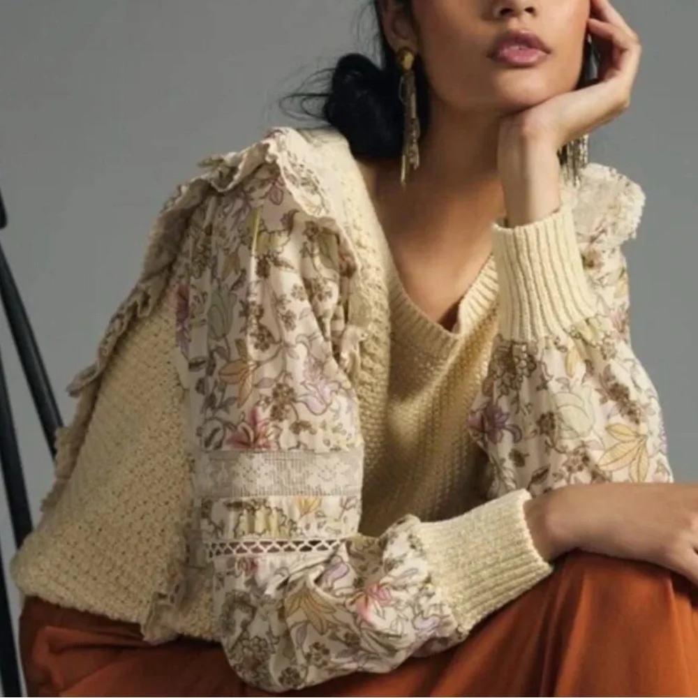 Anthropologie Printed Sleeve Ruffle Sweater Top Long Sleeve Women's Small